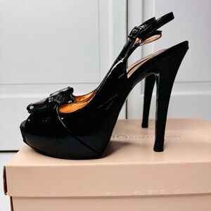 BCBGENERATION Angelo Black Patent Sateen Raffia Heels Size 8